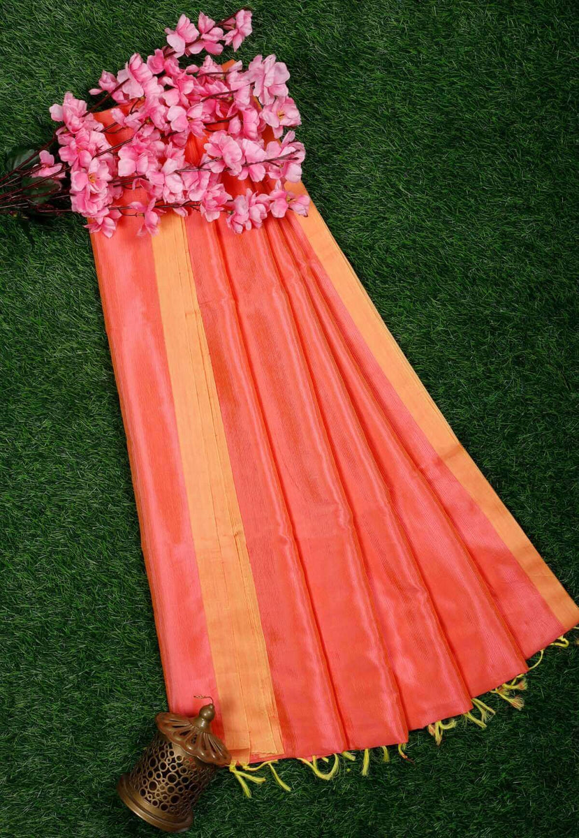 Orange Mangalgiri Plain Silk Saree with Work Blouse