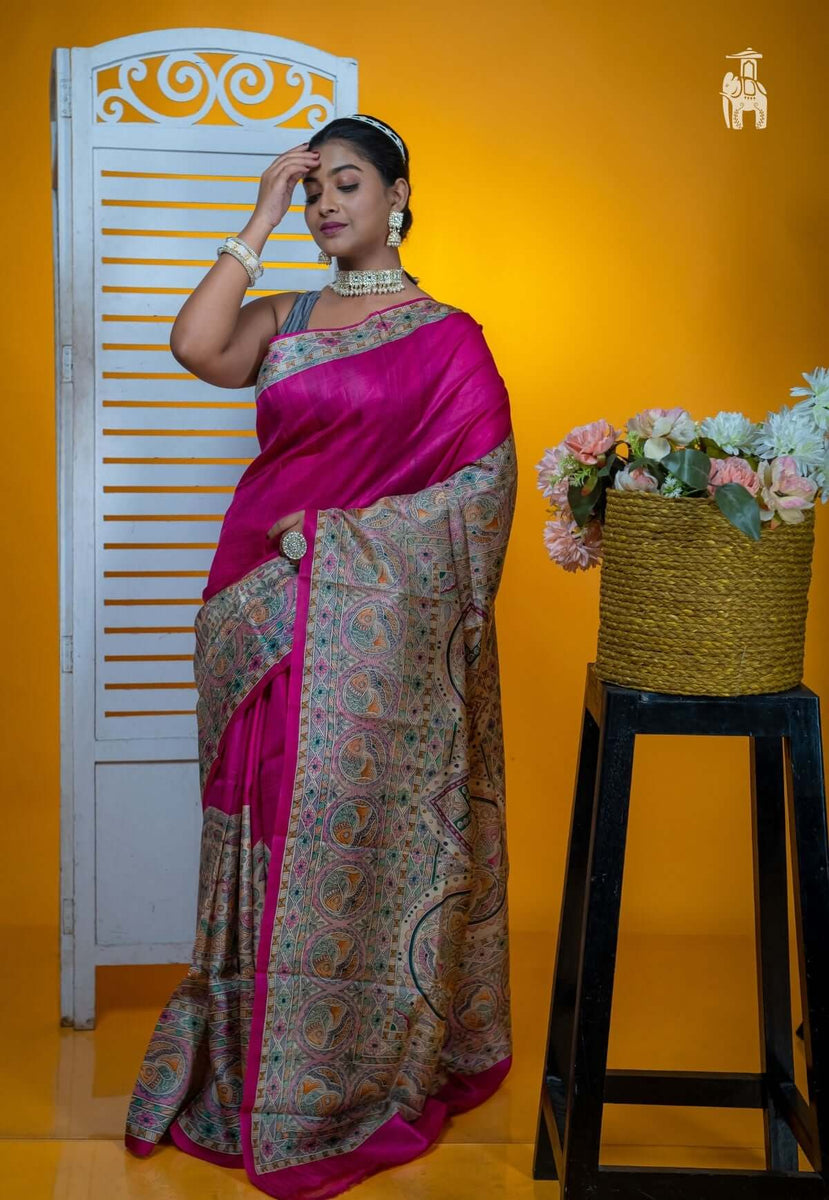 Buy Deep Pink Madhubani Print Saree & Get Flat 25% OFF