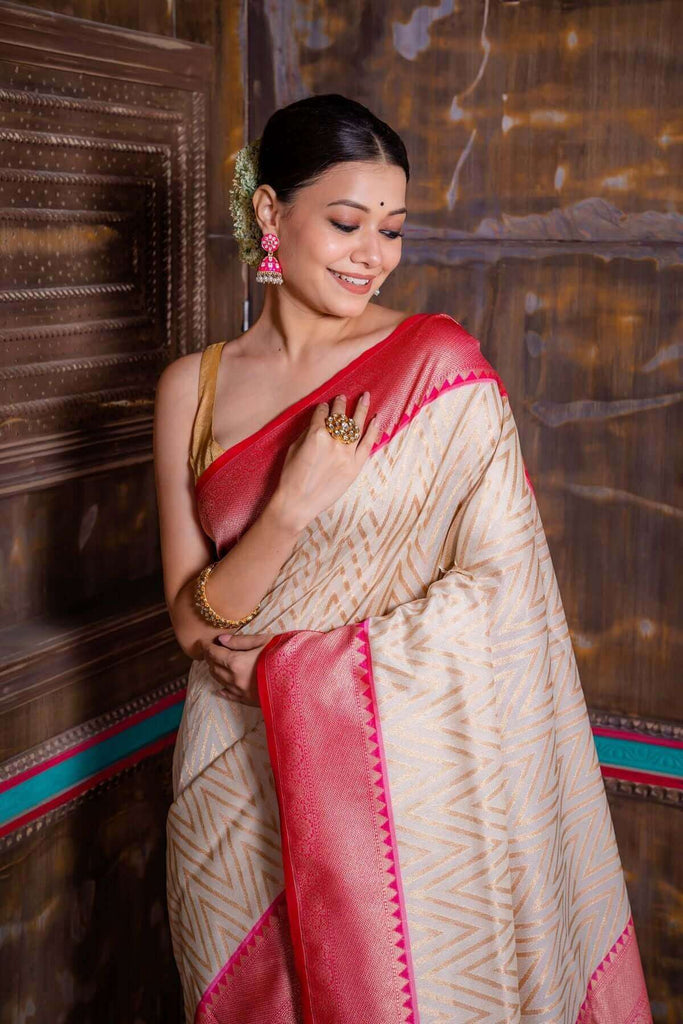 White Pink Organza Silk Saree