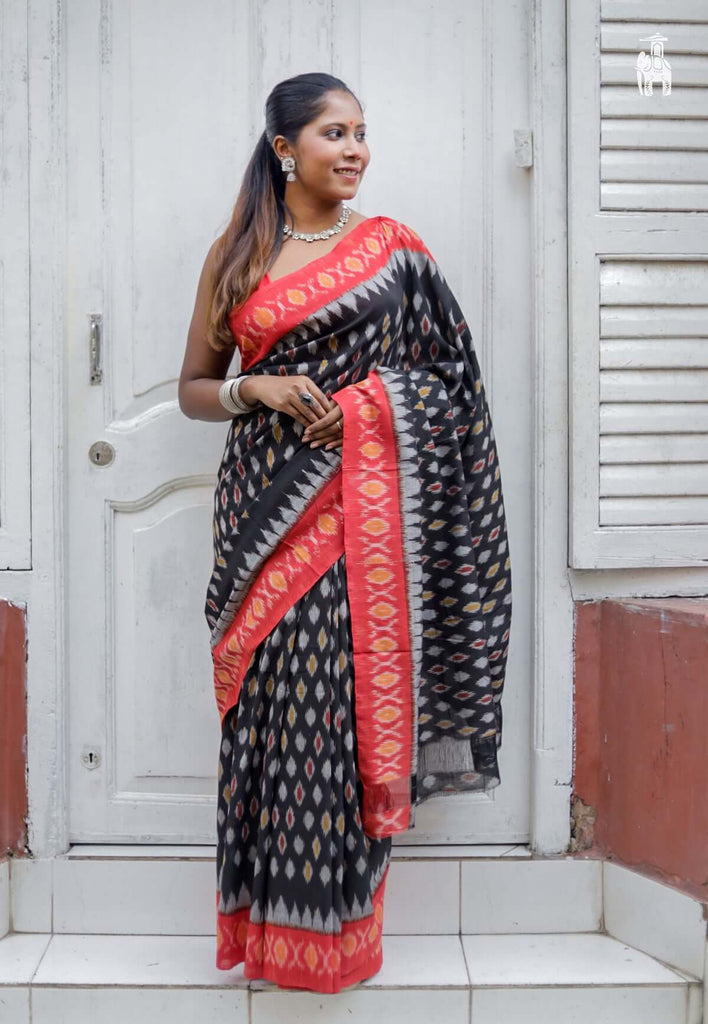 Black Telia Cotton Saree with Red Border