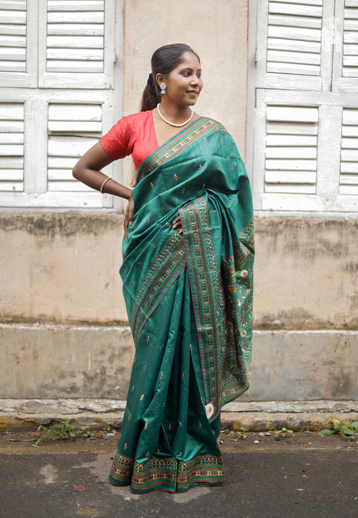 Bottle Green Embroidery Saree