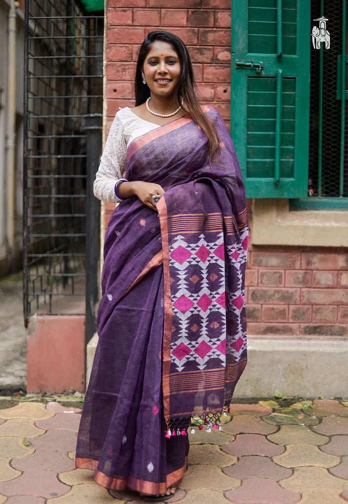 Purple Pure Linen Saree