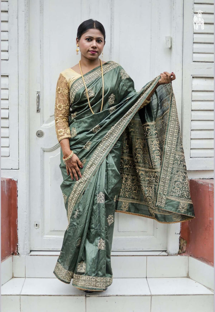 Greyish Green Warli Work Tussar Saree