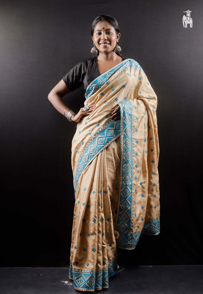 Beige & Sky Blue Embroidery Saree