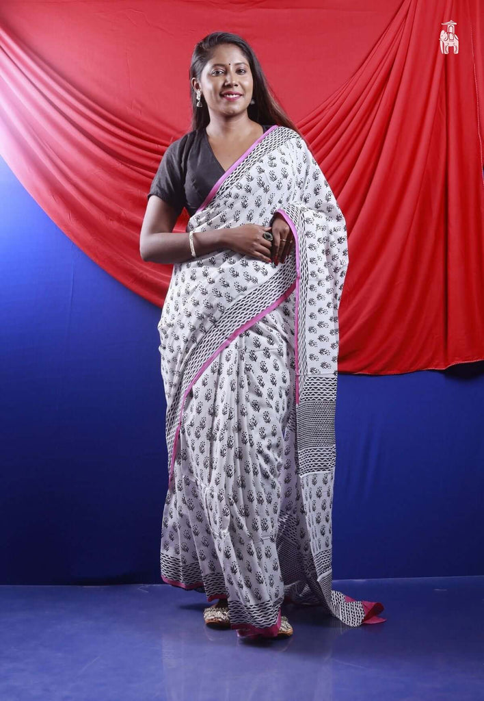 White Mulmul Cotton Saree