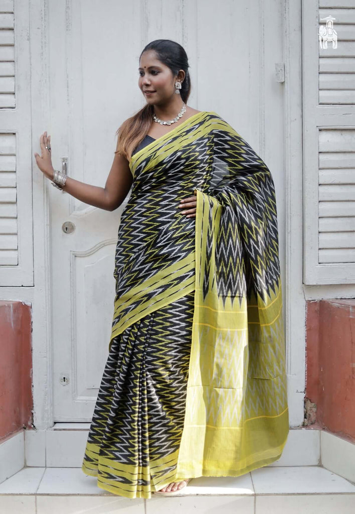 Black Telia Cotton Saree with Green Border