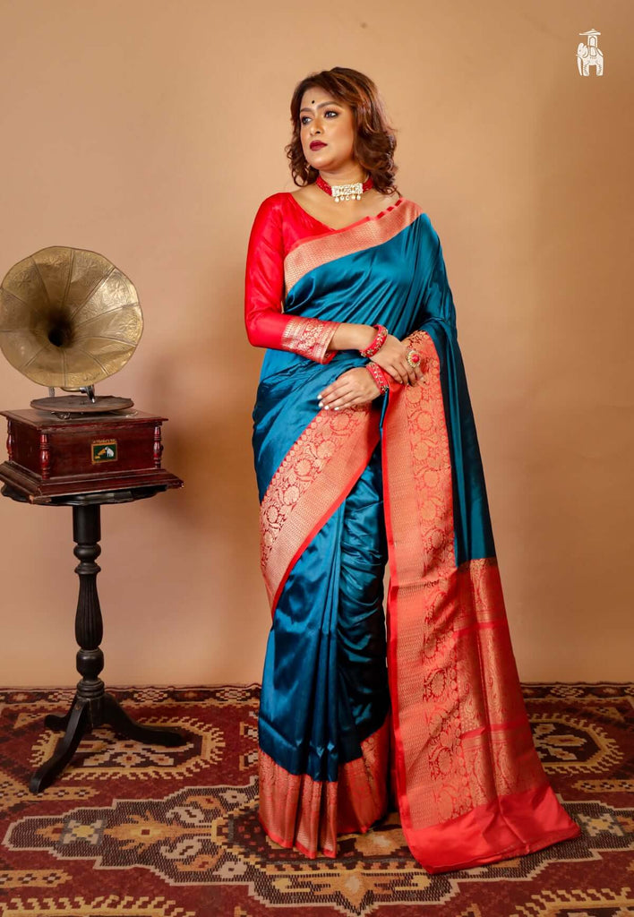 Teal Blue Katan Banarasi Saree