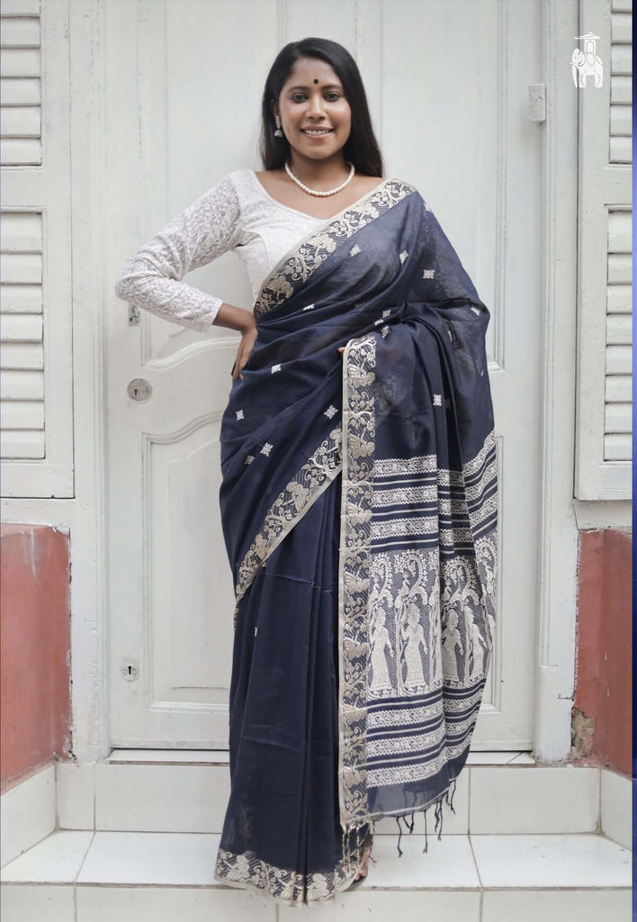 Greyish Blue Khadi Cotton Saree
