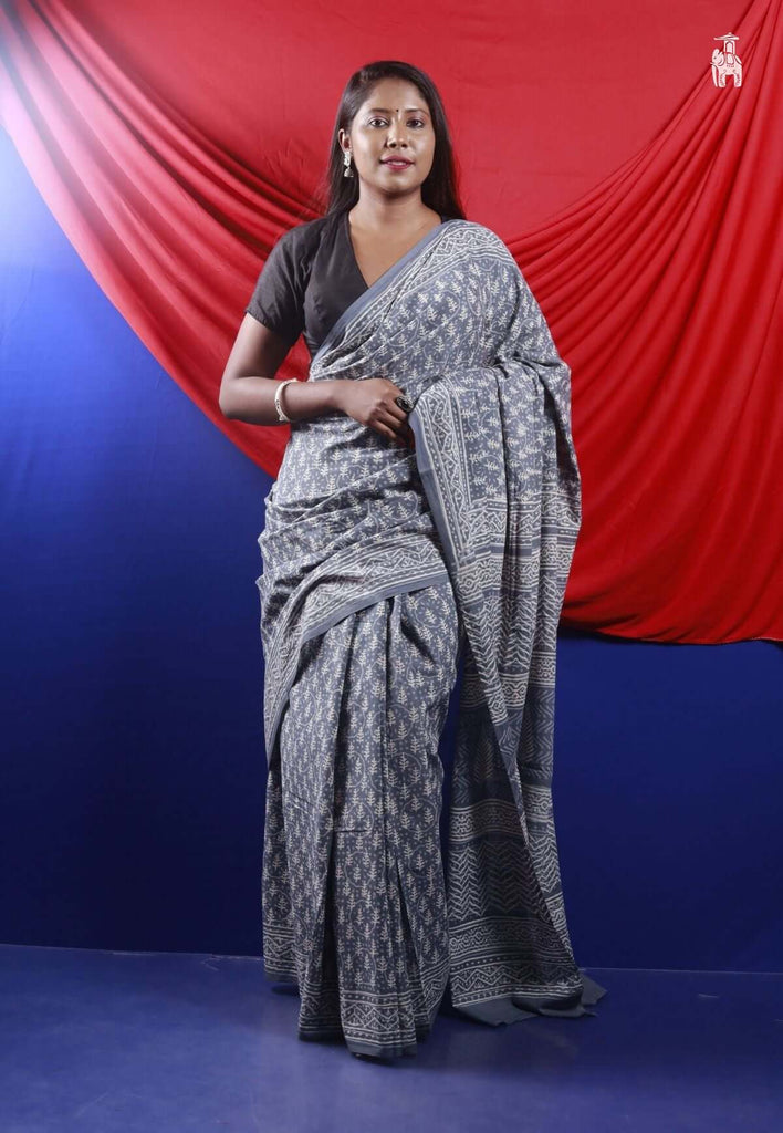 Greyish Blue Mulmul Cotton Saree
