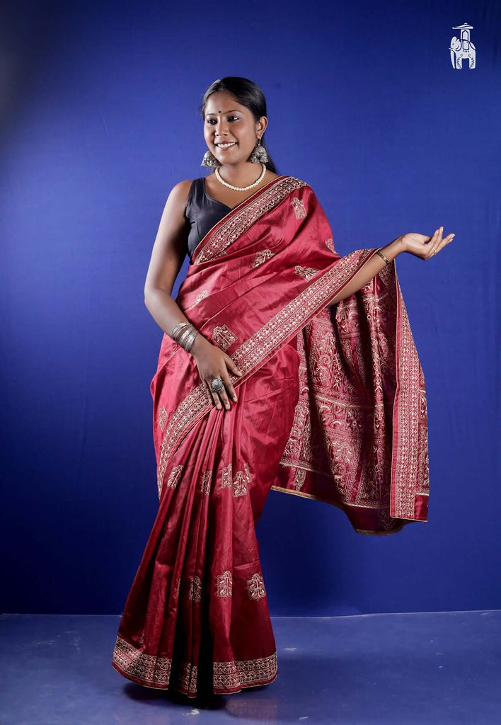 Burgundy Red Embroidery Saree
