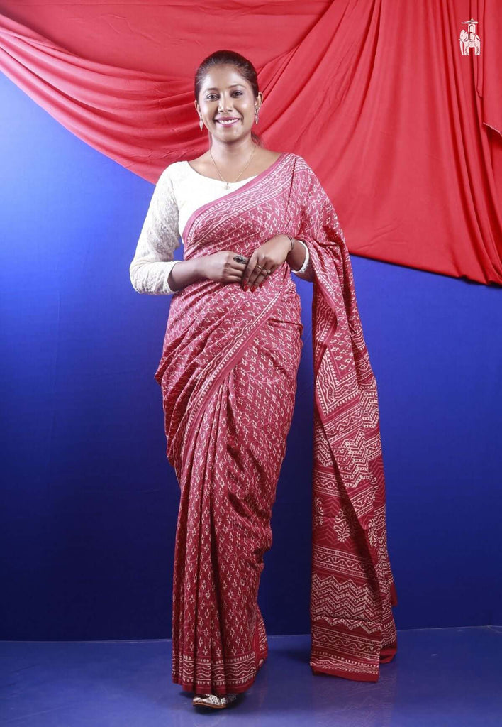 Light Burgundy Mulmul Cotton Saree