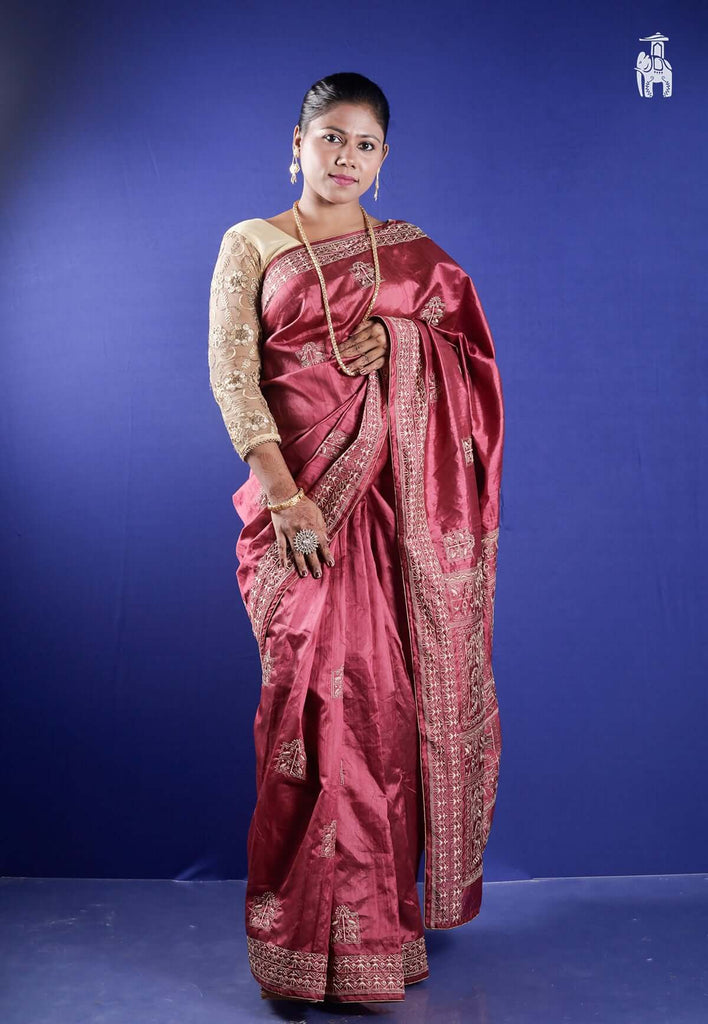 Pinkish Red Embroidery Saree