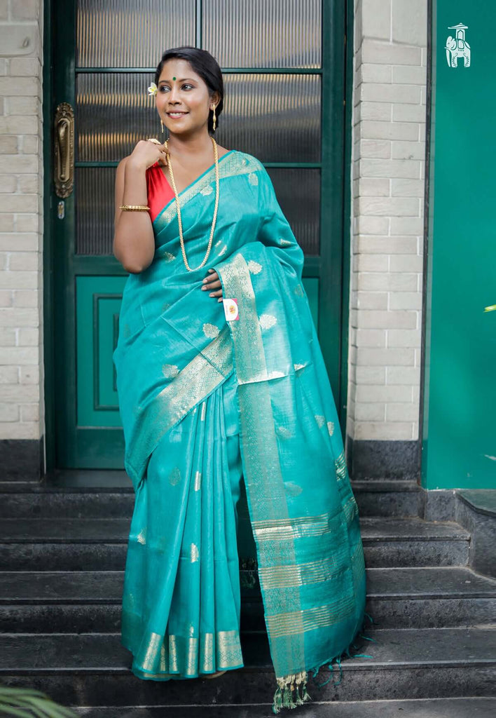 Pure Turquoise Blue Tussar Banarasi Saree