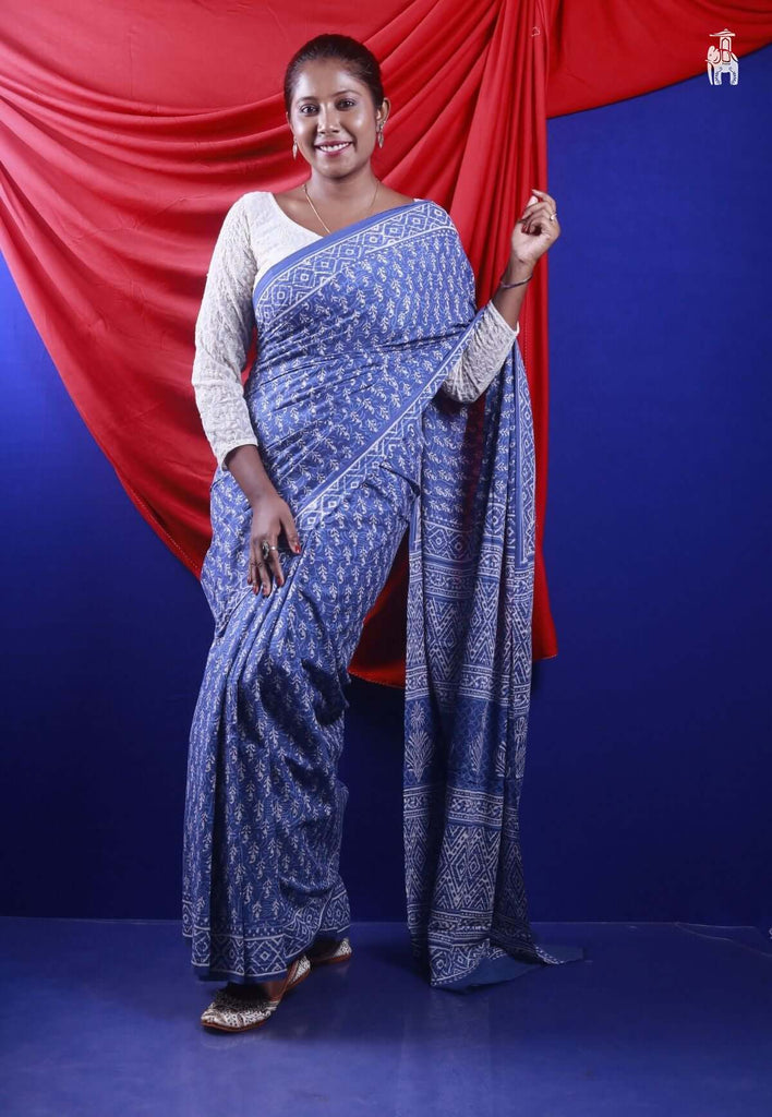 Moody Blue Mulmul Cotton Saree