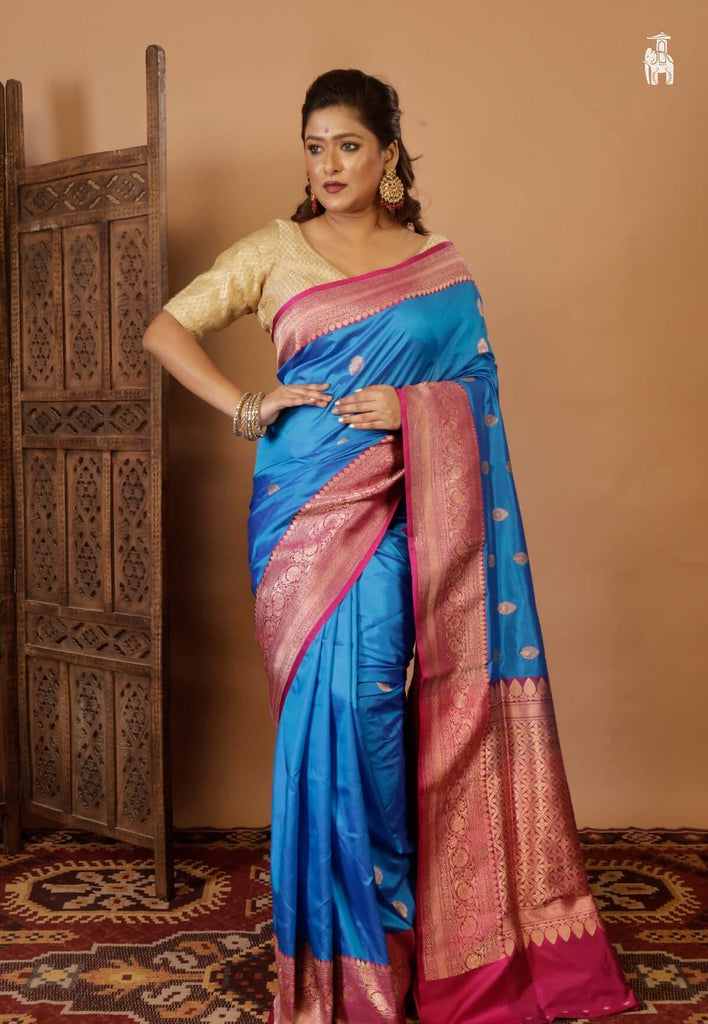 Peacock Blue Katan Banarasi Saree