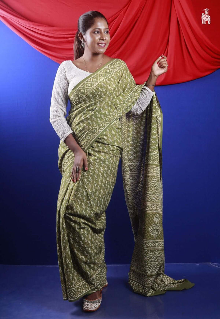 Olive Green Mulmul Cotton Saree