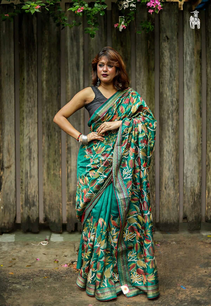 Sea Green Kantha Stitch Saree