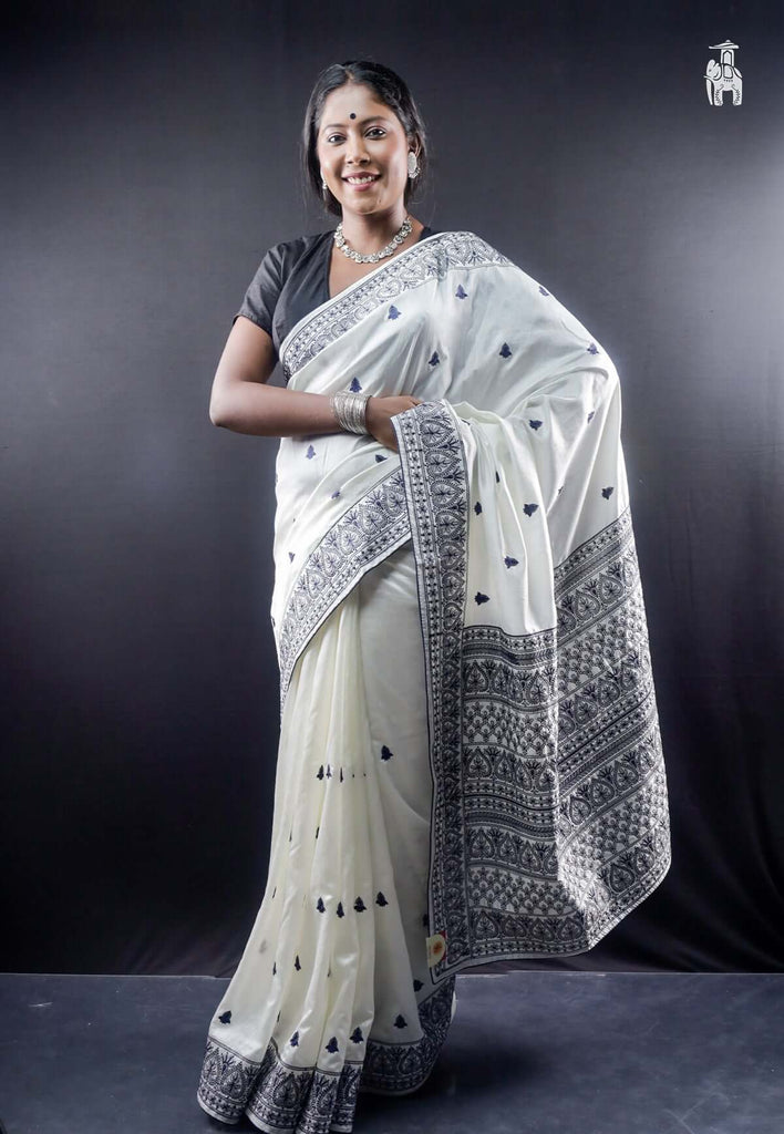 White & Black Embroidery Saree
