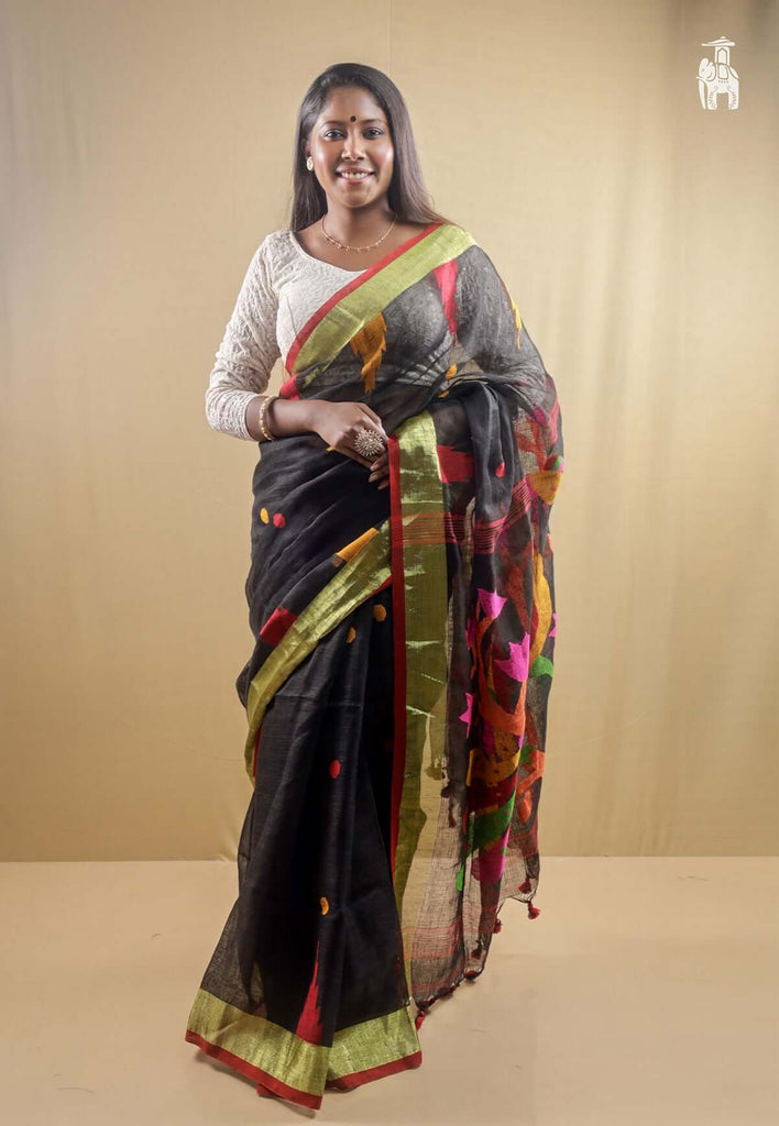 Black Pure Linen Saree