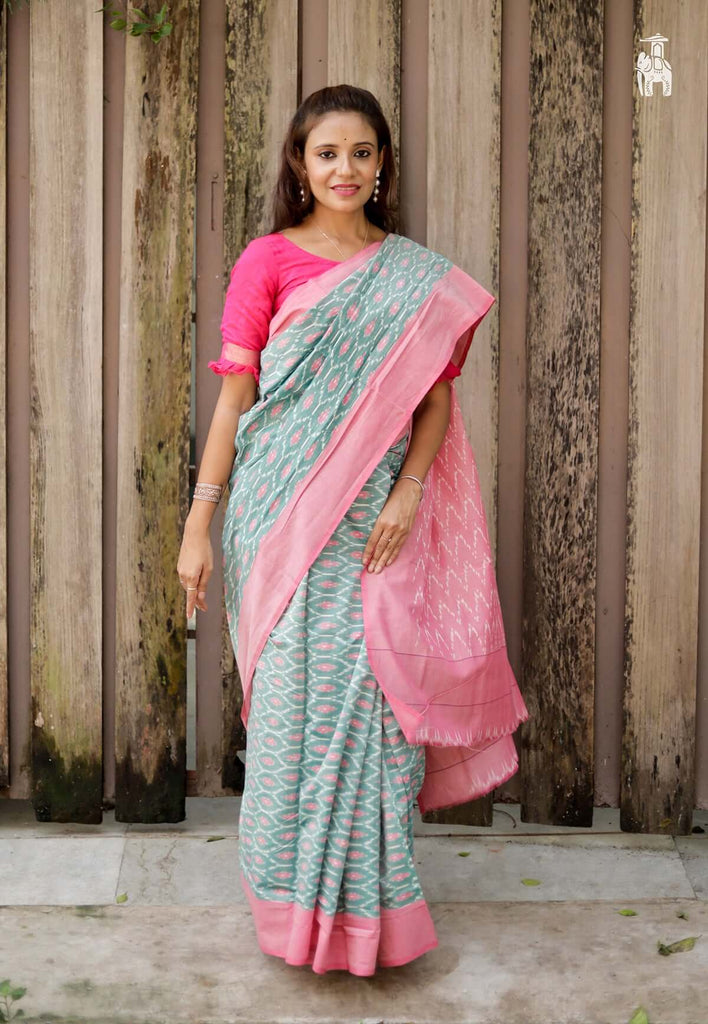 Bluish Grey Telia Cotton Saree with Pink Border