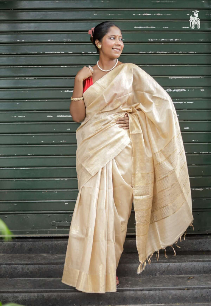 Pure Off White Tussar Banarasi Saree