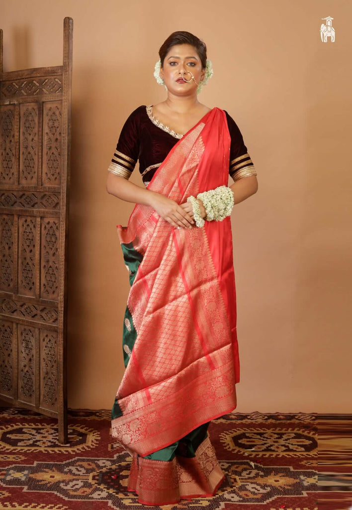 Bottle Green Katan Banarasi Saree