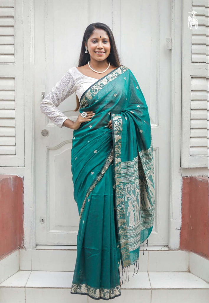 Teal Green Khadi Cotton Saree