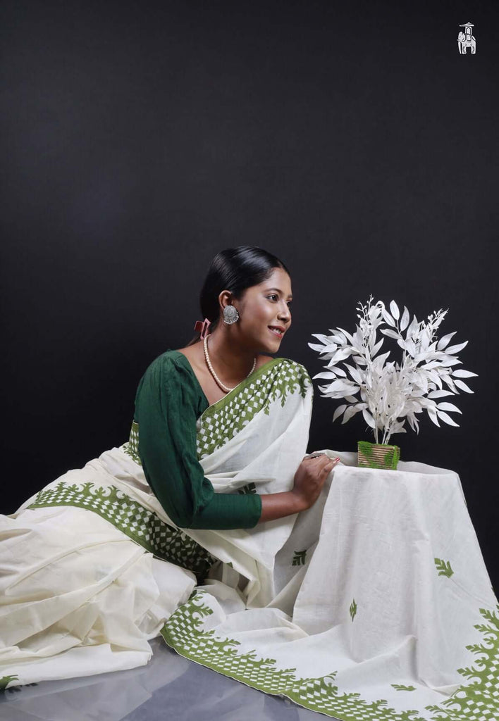 White Applique Work Saree with Green Border