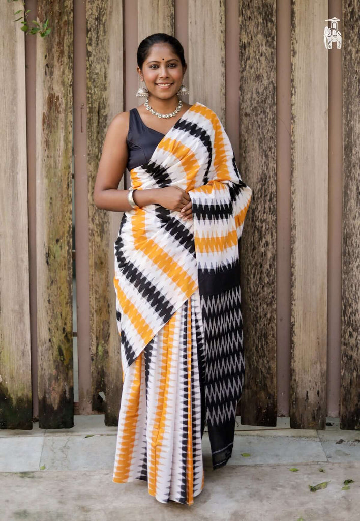 White Telia Cotton Saree with Yellow & Black Border