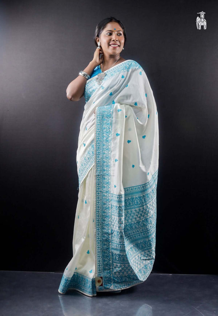 White & Sky Blue Embroidery Saree