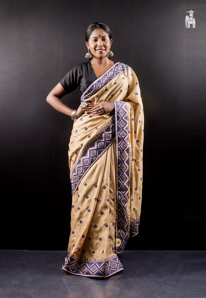 Beige & Blue Embroidery Saree