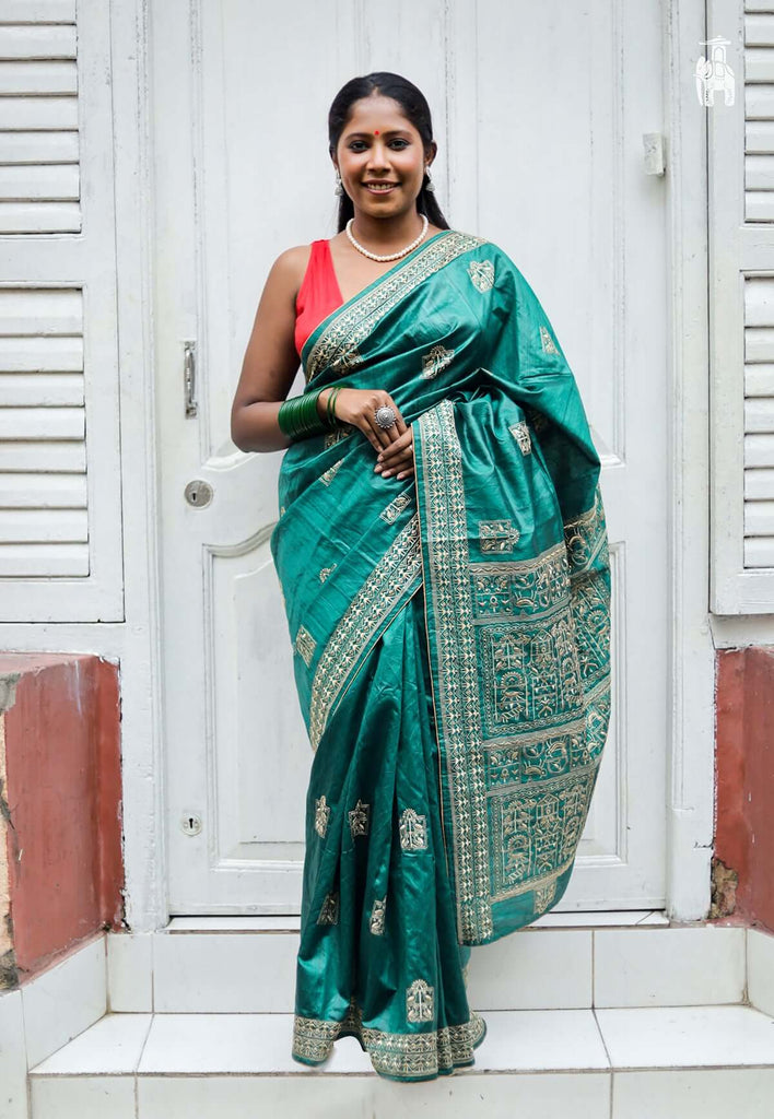 Teal Blue Warli Work Tussar Saree