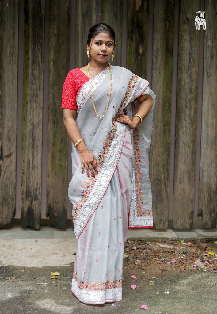 Powder Blue Embroidery Work Saree