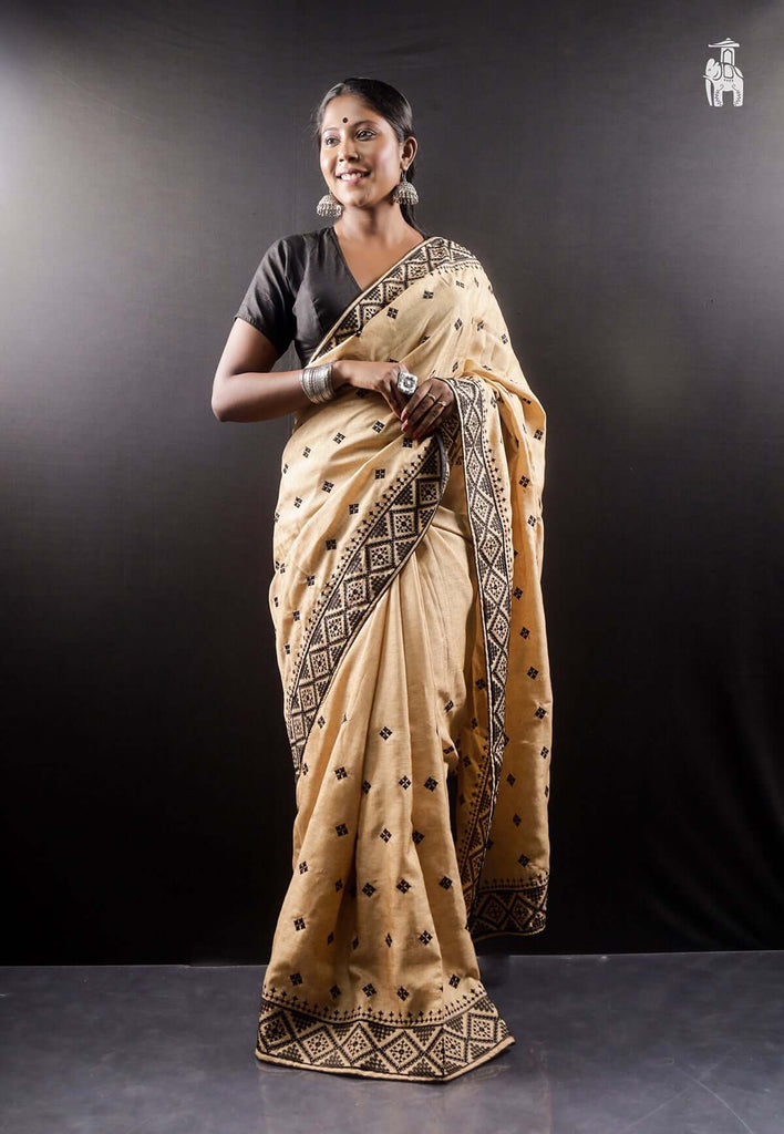 Beige & Black Embroidery Saree