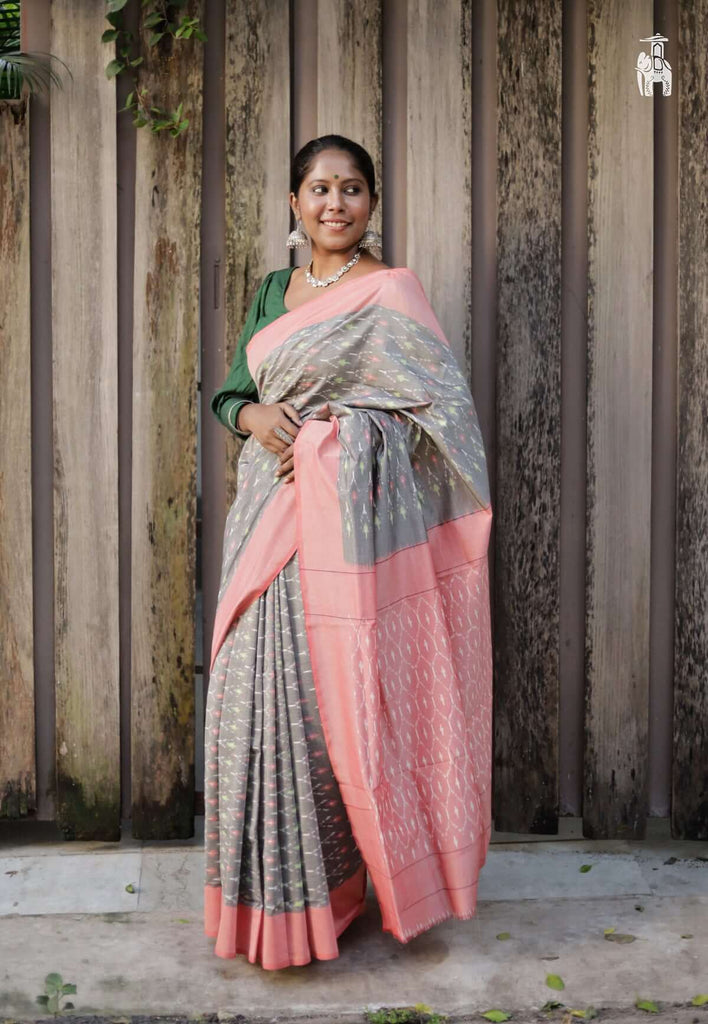 Grey Telia Cotton Saree with Light Pink Border