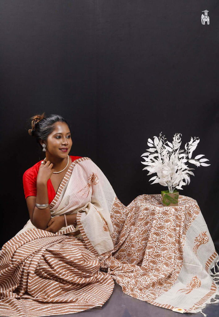 White Applique Work Saree with Pastel Brown Border