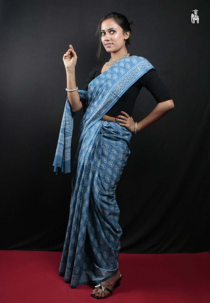 Blue Mulmul Cotton Saree