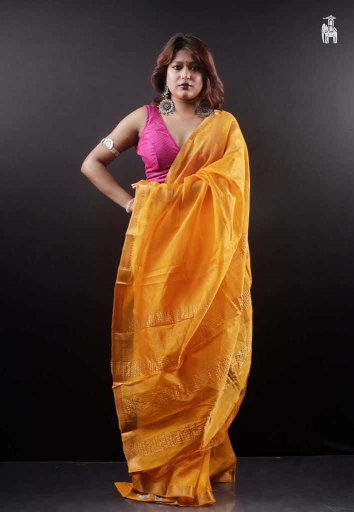 Mustard Yellow Mangalgiri Silk Saree