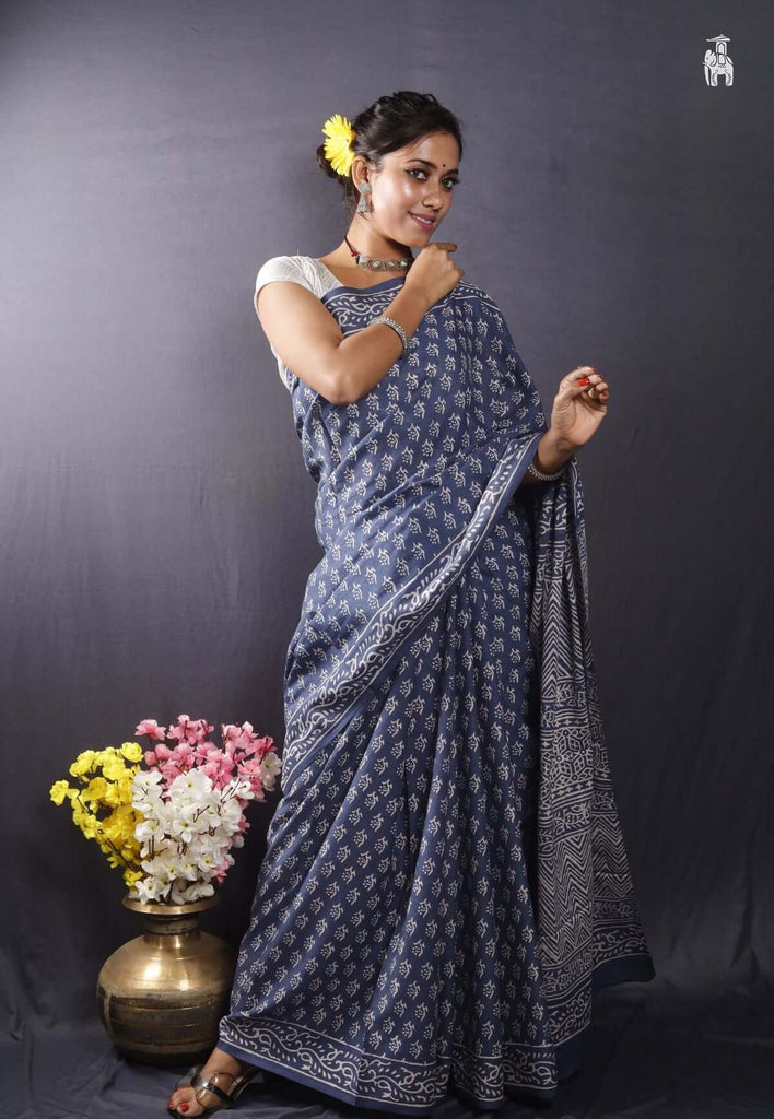 Indigo Blue Mulmul Cotton Saree