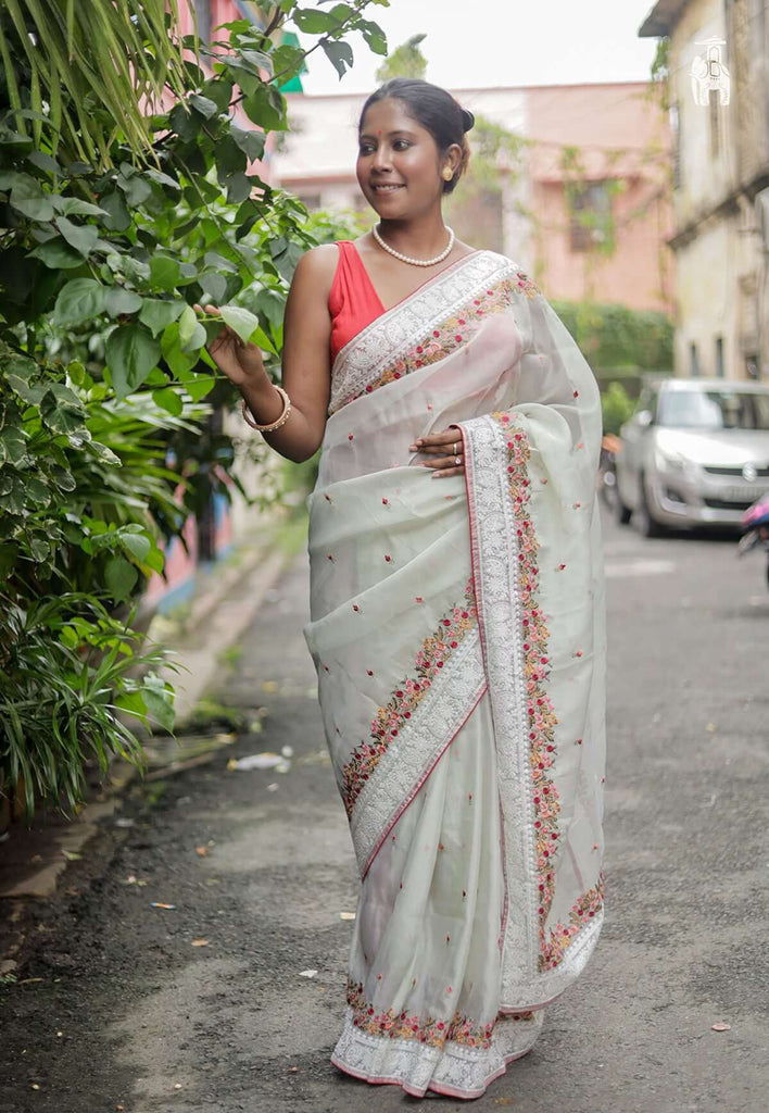 White Embroidery Work Saree