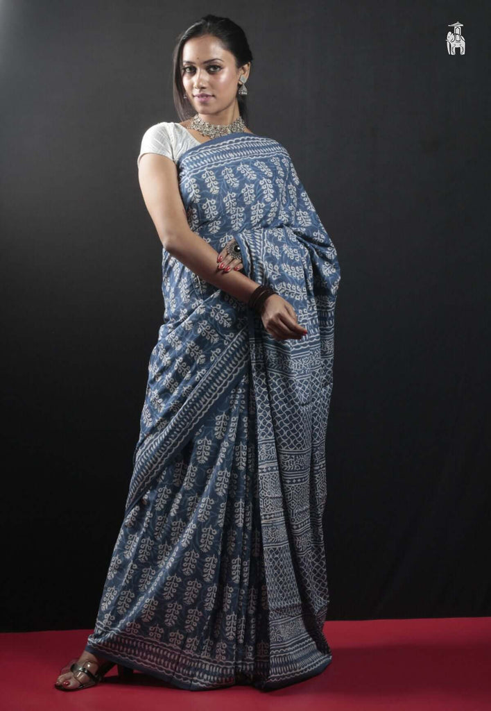 Indigo Blue Mulmul Cotton Saree