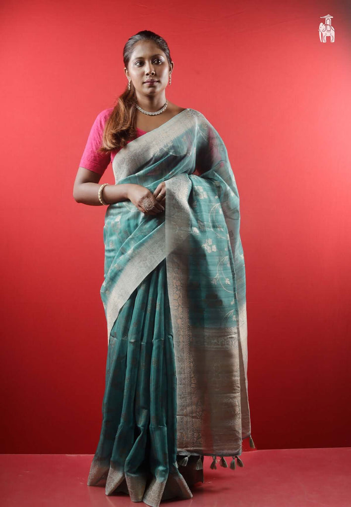 Blue Floral Organza Saree