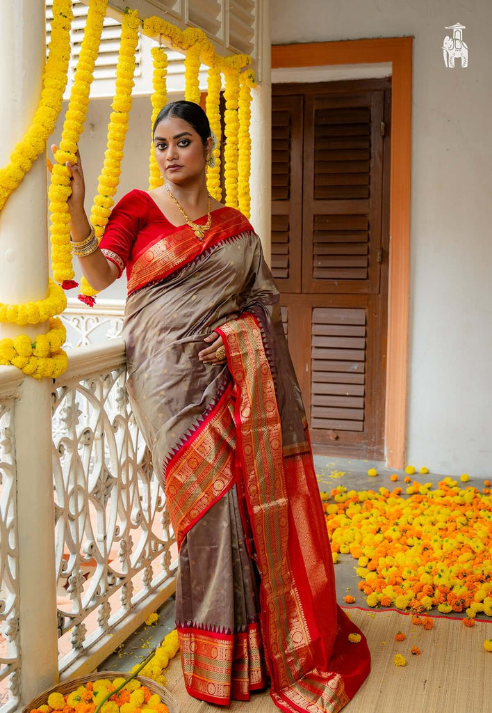 Ash Pure Kanjivaram Silk Saree with Red Border