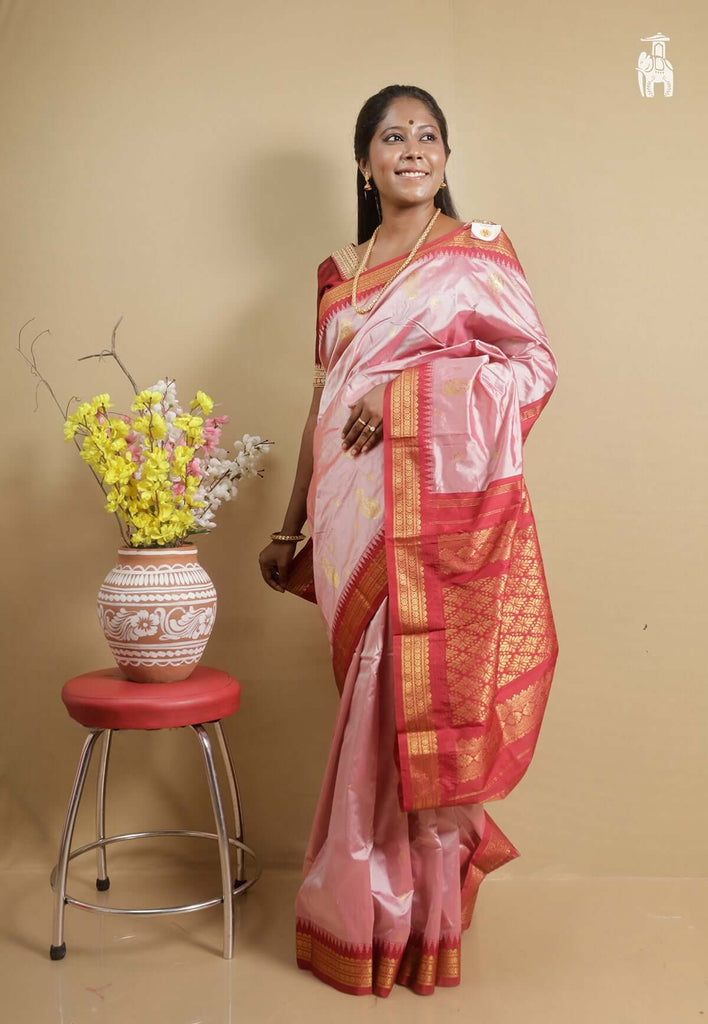 Baby Pink Kanjivaram Silk Saree with Red Border