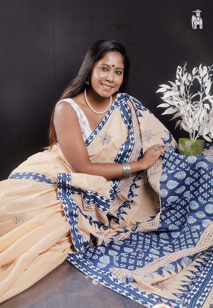 Beige Applique Work Saree with Blue Border