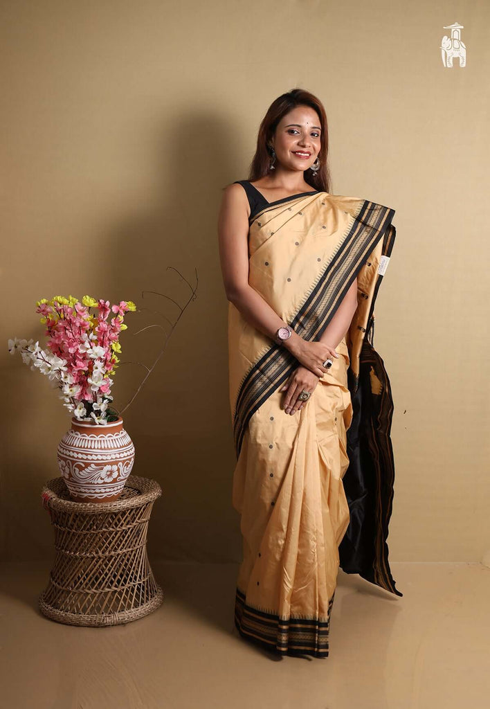 Beige Kanjivaram Silk Saree with Black Border