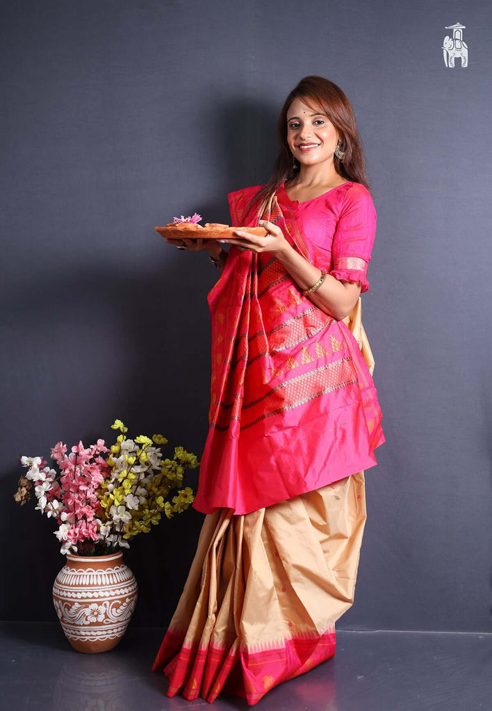 Beige Kanjivaram Silk Saree with Pink Temple Border