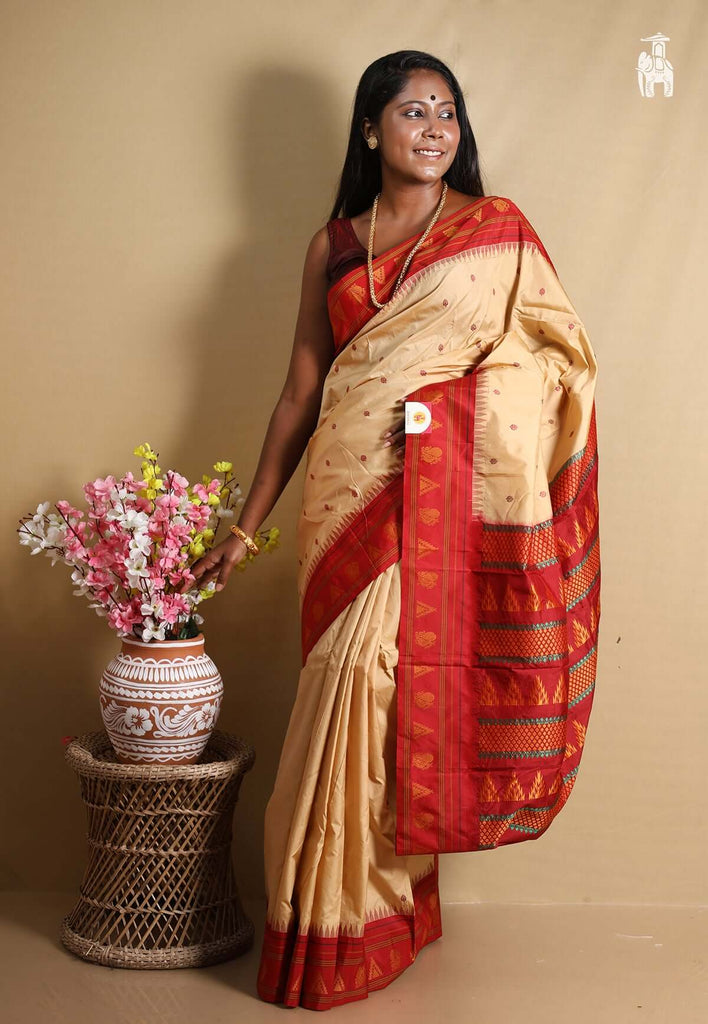 Beige Kanjivaram Silk Saree with Red Temple Border