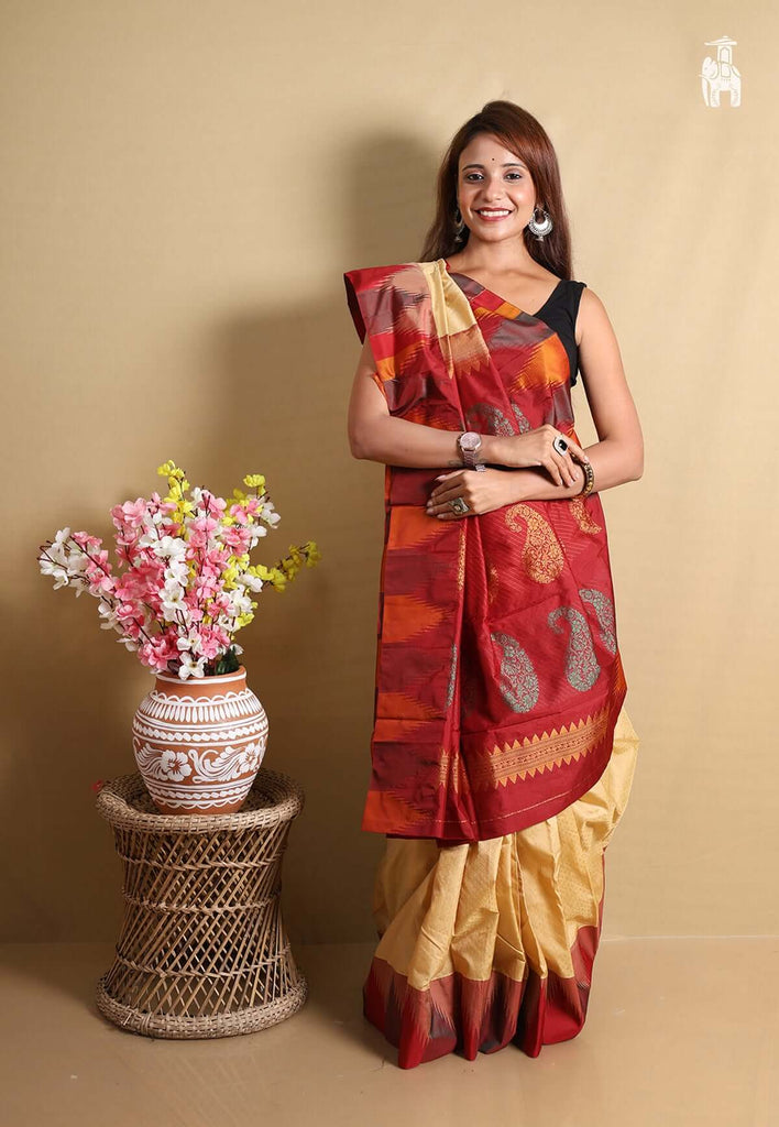 Beige Kanjivaram Silk Saree with Temple Border