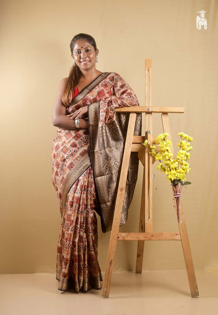Beige Printed Pure Silk Saree